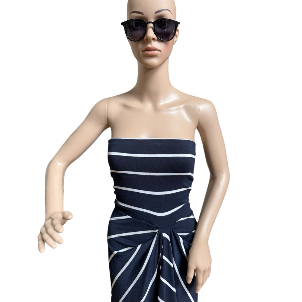 Navy and White Vintage Striped Strapless Maxi A-line Dress, S - Picture 4 of 7